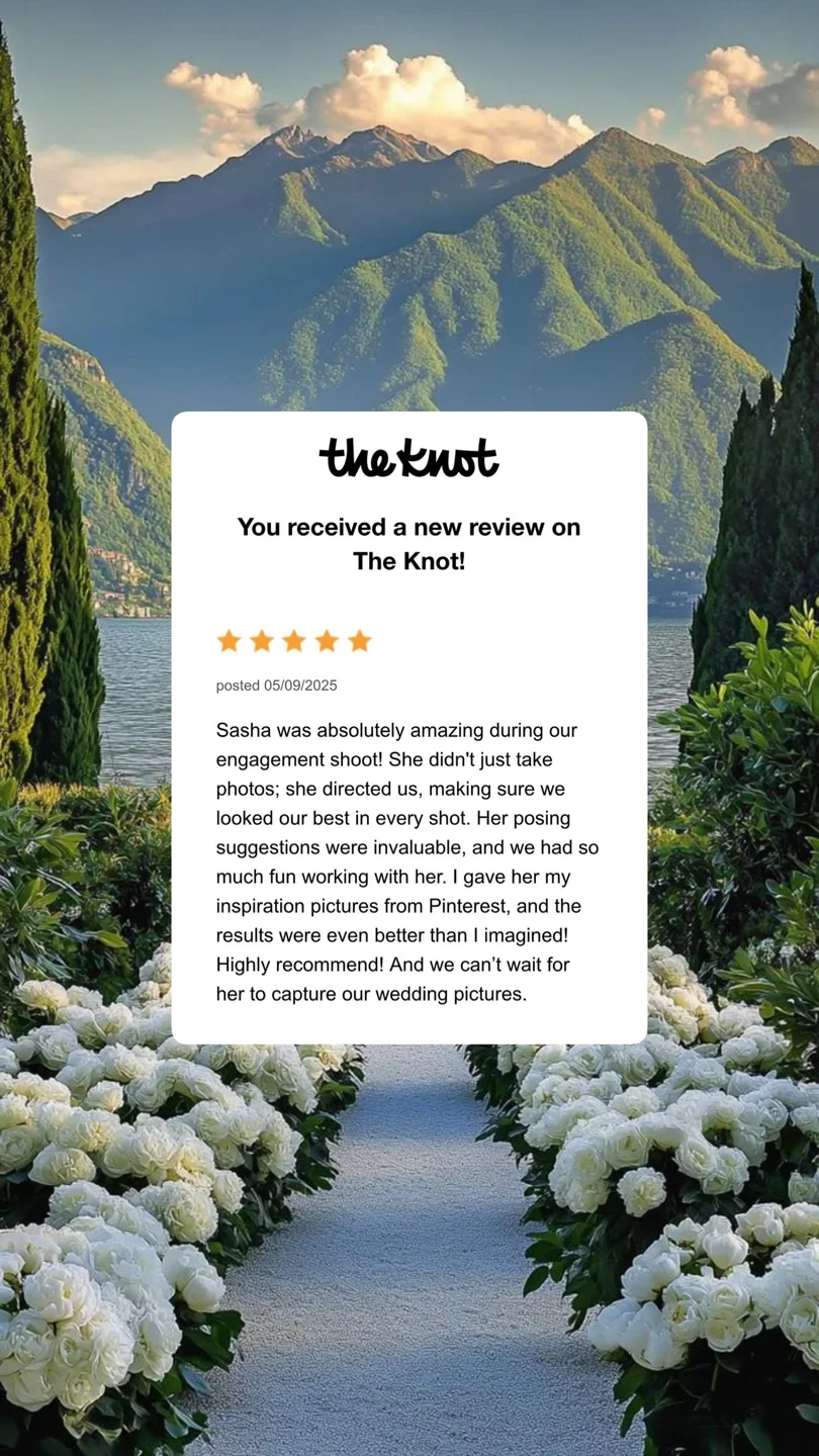 A five-star engagement review praises Sasha’s direction, pose suggestions, and ability to surpass the couple’s inspiration photographs.