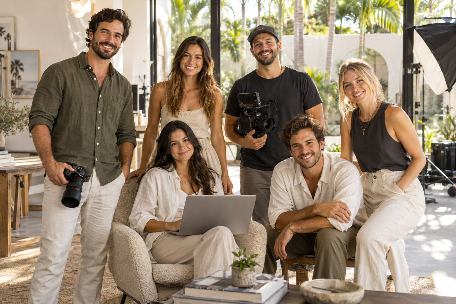 Six members of our photography and filmmaking team with cameras and a laptop
