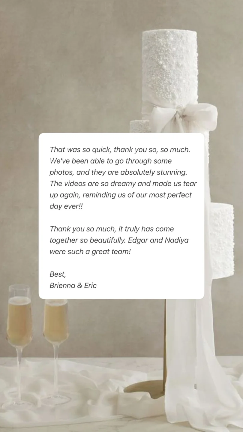 Brienna & Eric praise stunning photographs, emotional wedding films, fast delivery, and Edgar and Nadiya’s teamwork.