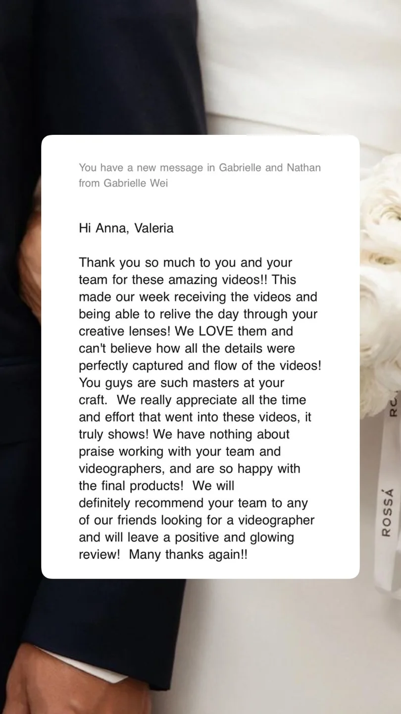 Gabrielle praises wedding films’ captured details, flow, creativity, and ability to let them relive the day.