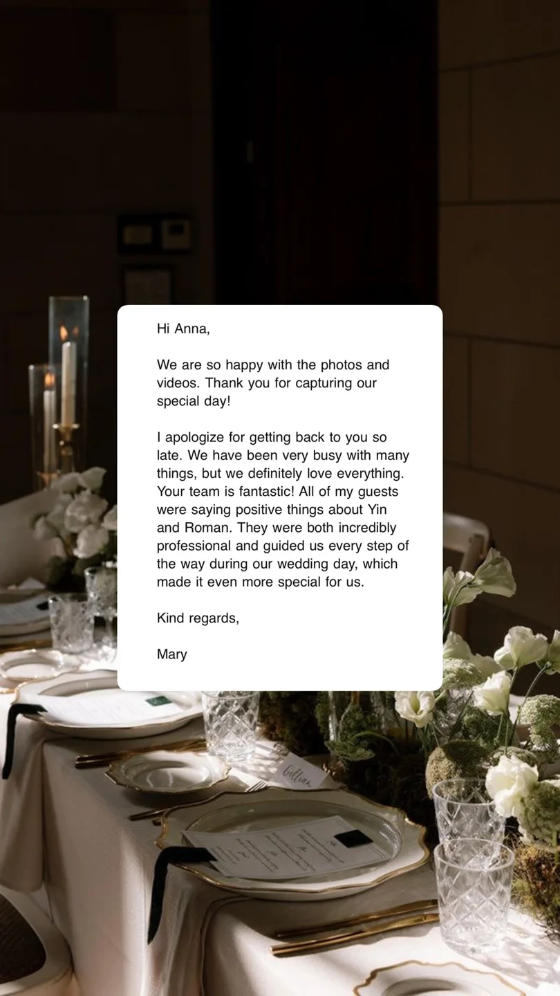 Mary loves her photographs and films and praises Yin and Roman's professional guidance on the wedding day.