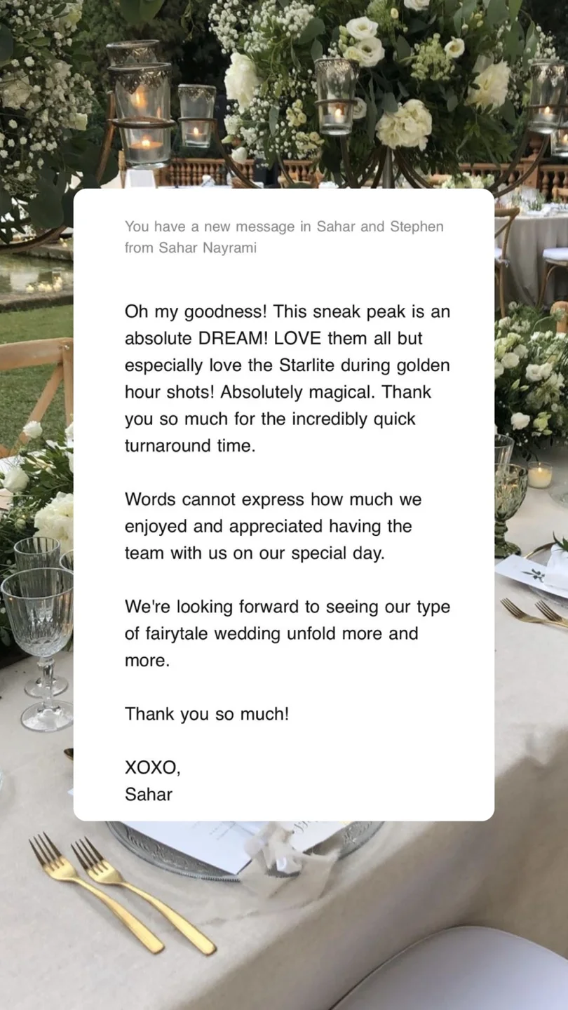 Sahar loves the quickly delivered sneak peek, especially golden-hour photographs, and appreciates the wedding team.